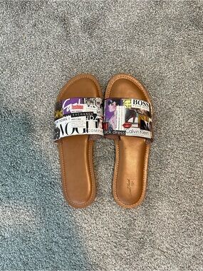 Women's Brown Slide Sandals with Magazine-Print Strap | Brown and Multicolored